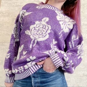 Glamour Knits | Purple Rose Sparkle Sweater Lurex Floral Knit White Striped Hem